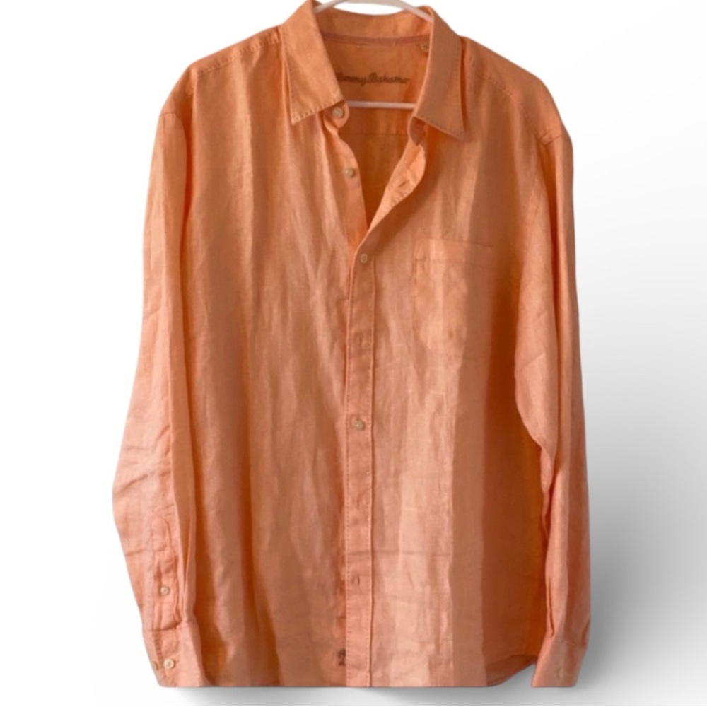 Tommy Bahama Shirt Men L Button Down 100% Linen Long Sleeve EUC Luxury Stitching